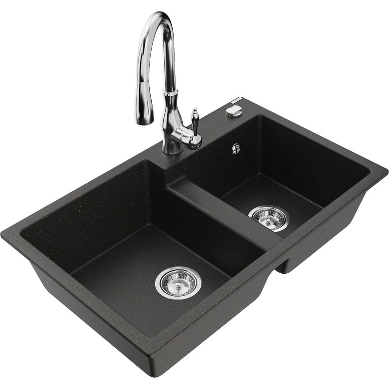 Zlewozmywak granitowy 2-komorowy Mexen Tomas z baterią kuchenną Savita czarny/złoty metalik - 6516-75-672601-70-B 1 szt.