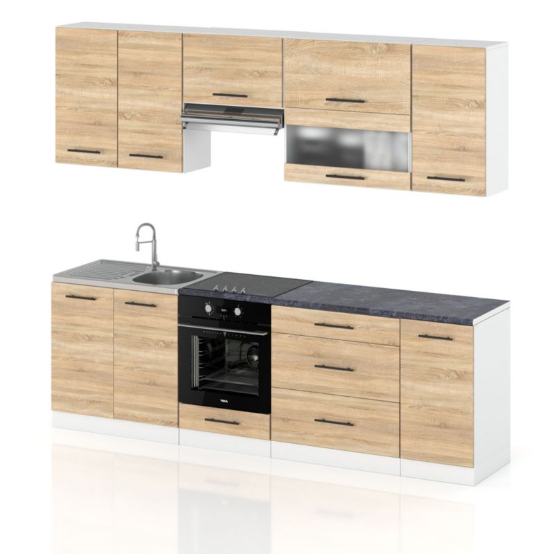 Zestaw Kuchenny Hurtownia-Mebli Z Blatem Kuchnia Marocco 260cm Biały Mat Dąb Sonoma 260x52x157 cm 1szt.