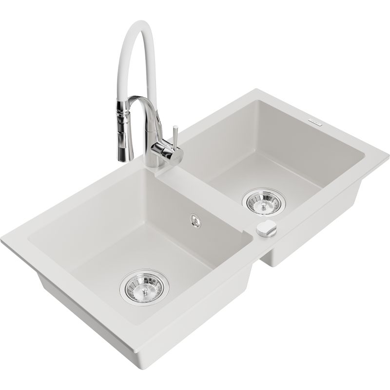 Zlewozmywak granitowy 2-komorowy Mexen Mario z baterią kuchenną Aster biały 6504-20-73450-02