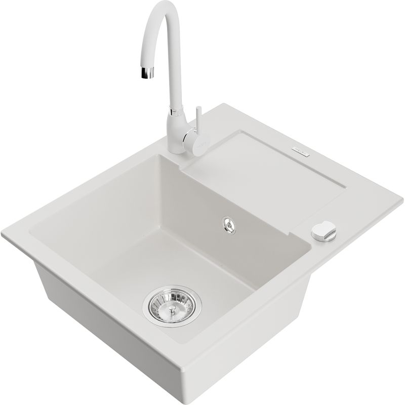 Zlewozmywak granitowy 1-komorowy Mexen Enzo z ociekaczem i baterią kuchenną Telma biały 6506-20-670200-20