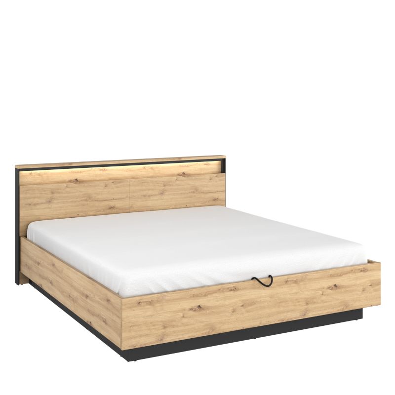 Łóżko industrialne Bettso Quaro 180 cm z pojemnikiem na pościel, metalowym stelażem i oświetleniem LED dąb artisan 1szt.