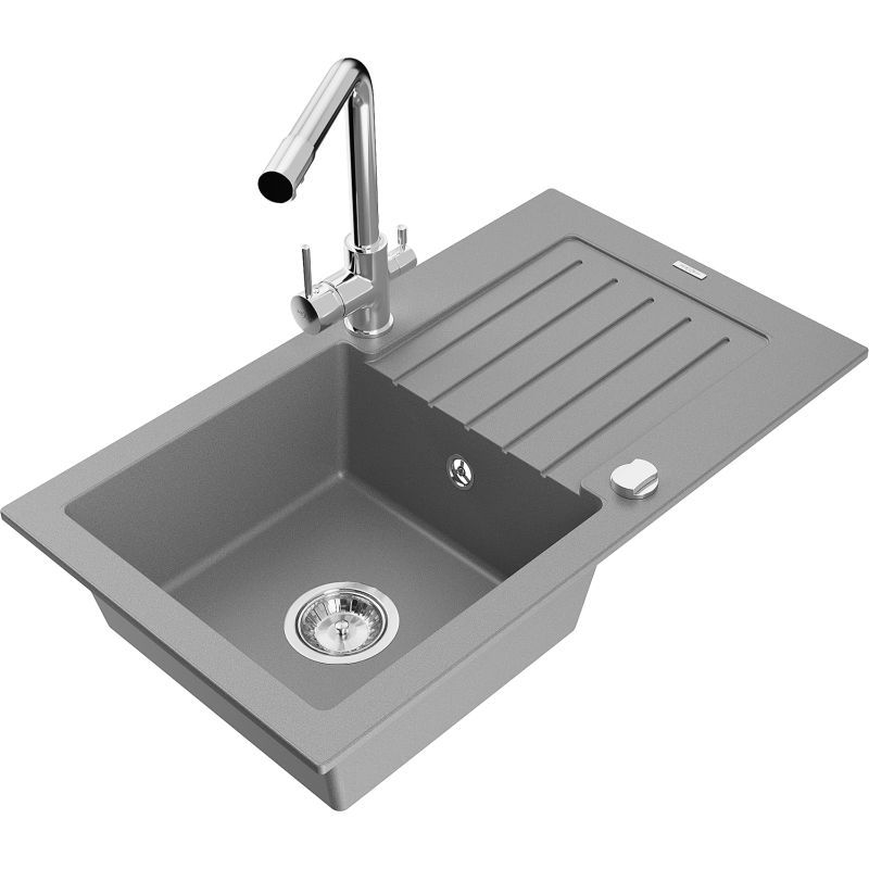 Zlewozmywak granitowy 1-komorowy Mexen Pablo z ociekaczem i baterią kuchenną Duero szary 6510-71-671600-00