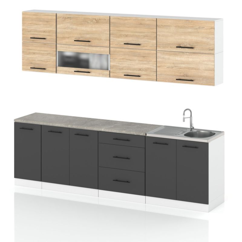Zestaw Kuchenny Hurtownia-Mebli Z Blatem Kuchnia Robo Lux 260cm Biały Mat Dąb Sonoma/Szary Mat 260x52x157 cm 1szt.