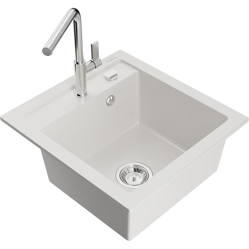 Zlewozmywak granitowy 1-komorowy Mexen Vito z baterią kuchenną Flora biały 6503-20-670401-00