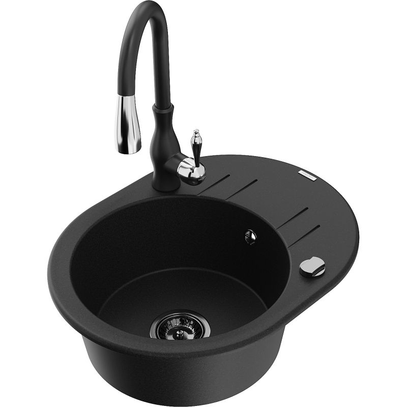 Zlewozmywak granitowy 1-komorowy Mexen Kevin z ociekaczem i baterią kuchenną Savita czarny - 6517-77-672601-00 1 szt.
