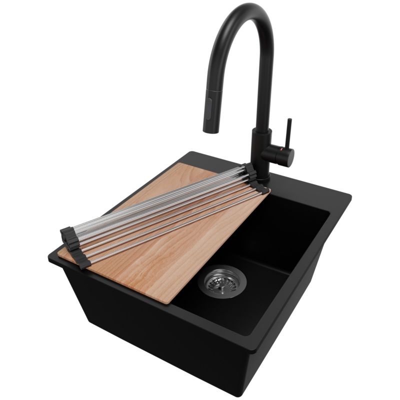 Zlewozmywak Granitowy Ryga PRIMAGRAN Nablatowy 43x50cm do szafki od 45cm z Syfonem i Baterią i Dodatkiem Czarny 1 szt.