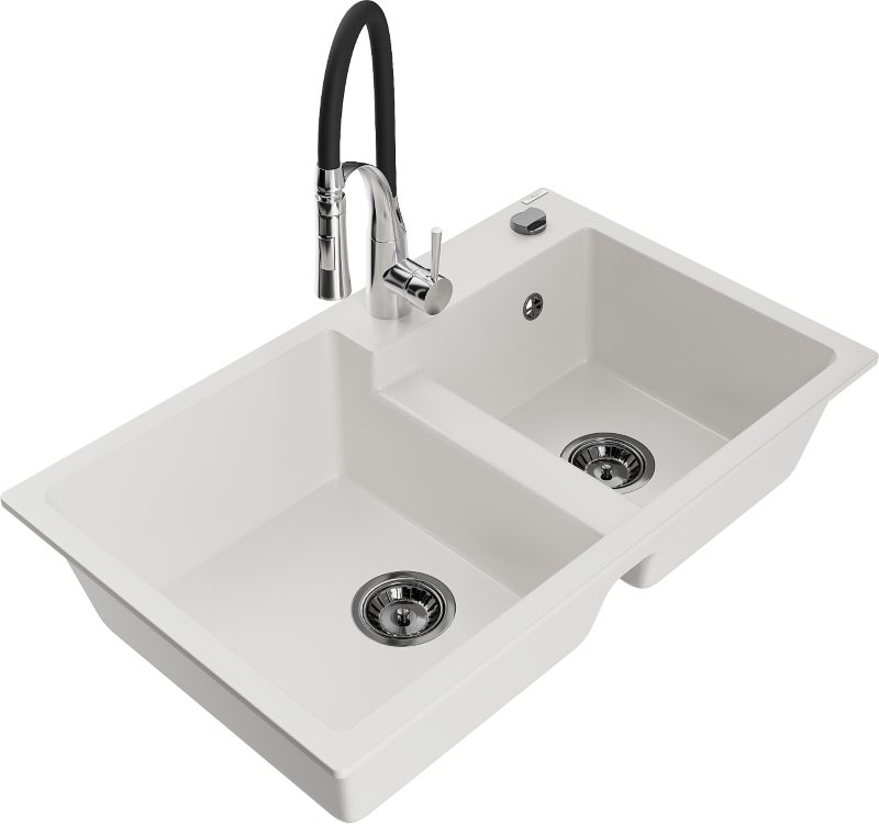 Zlewozmywak granitowy Mexen Tomas 2-komorowy z baterią kuchenną Aster biały - 6516-20-73450-70-B 1 szt.