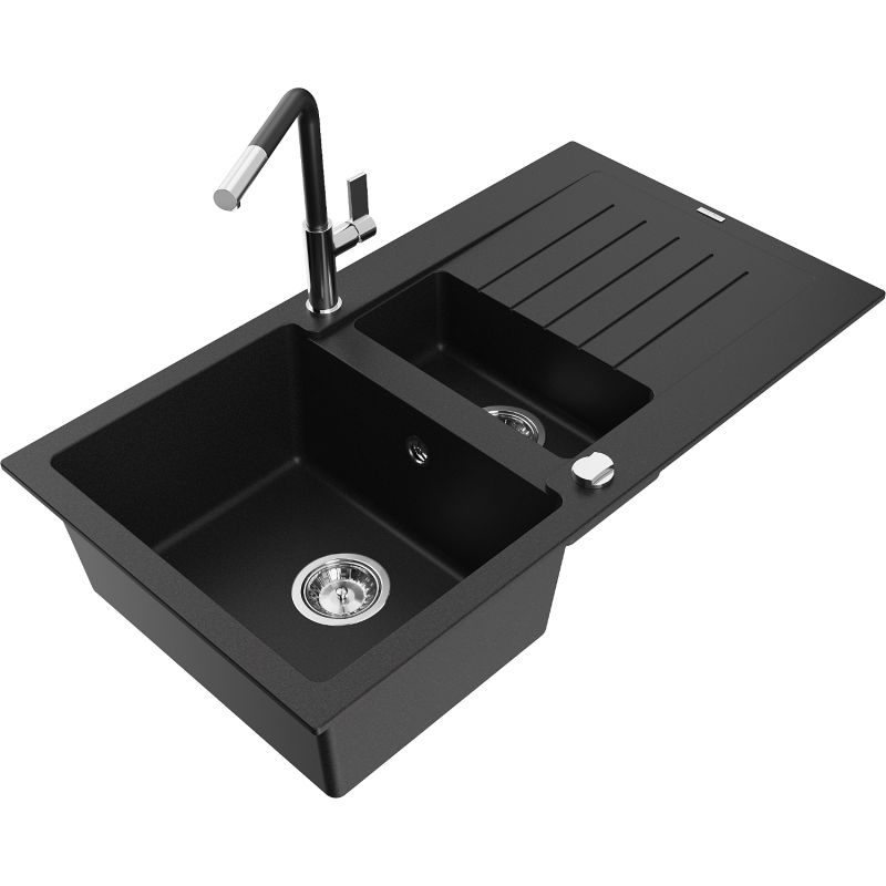 Zlewozmywak granitowy 1.5-komorowy Mexen Matias z ociekaczem i baterią kuchenną Flora czarny - 6502-77-670401-70-B 1 szt.