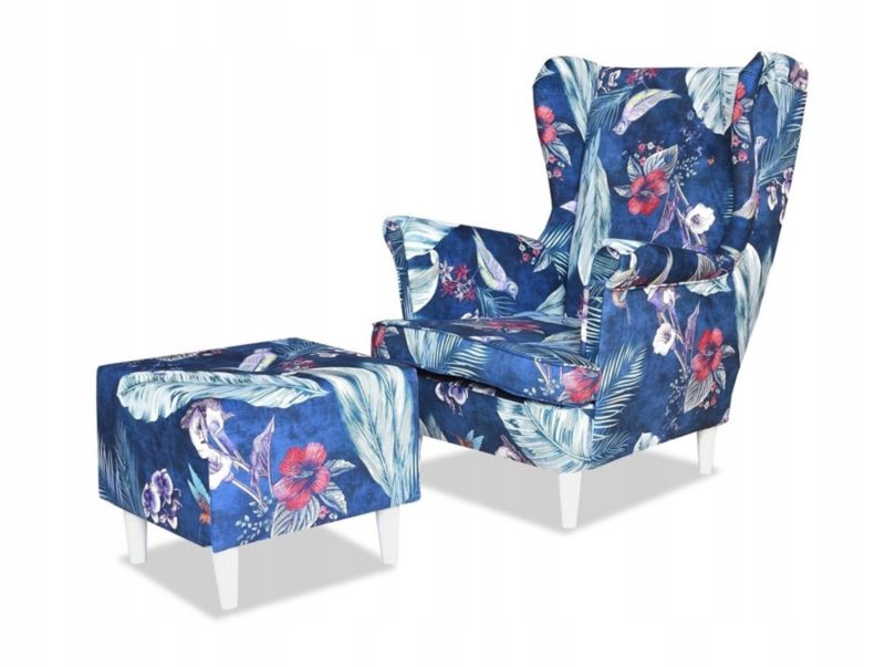 Fotel uszak do salonu z podnóżkiem Family Meble ARI PRINT niebieski 1szt