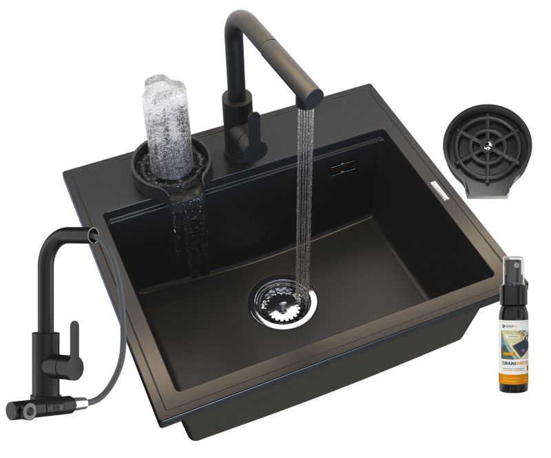 Zlewozmywak Granitowy Kuchenny Granitan Foxal Czarny z Syfonem Złotym, Baterią Ebro i Myjką 1kpl.