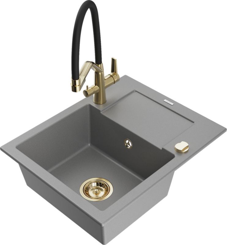 Zlewozmywak granitowy Mexen Enzo 1-komorowy z ociekaczem i baterią kuchenną Duo szary 6506-71-671701-57-G