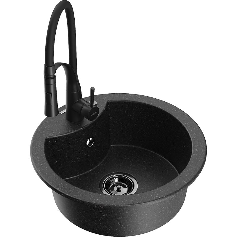 Zlewozmywak granitowy 1-komorowy Mexen Diego z baterią kuchenną Aster czarny/złoty metalik - 6512-75-73450-70-B 1 szt.