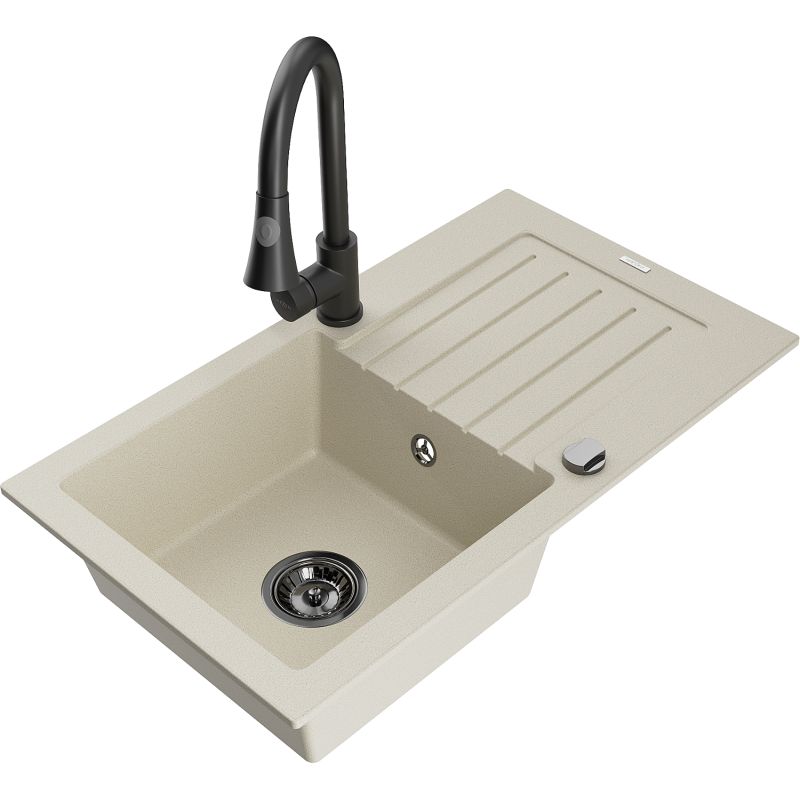 Zlewozmywak granitowy 1-komorowy Mexen Pablo z ociekaczem i baterią kuchenną Elia biały - 6510-20-670101-70 1 szt.