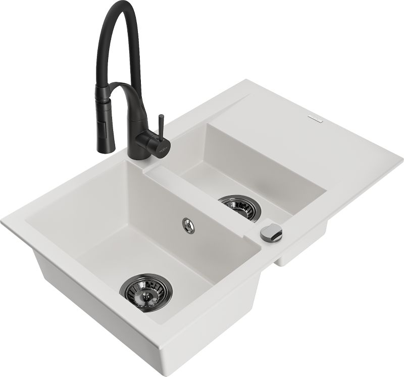 Zlewozmywak granitowy Mexen Gaspar 1,5-komorowy z ociekaczem i baterią kuchenną Carla beżowy - 6507-69-670700-70 1 szt.