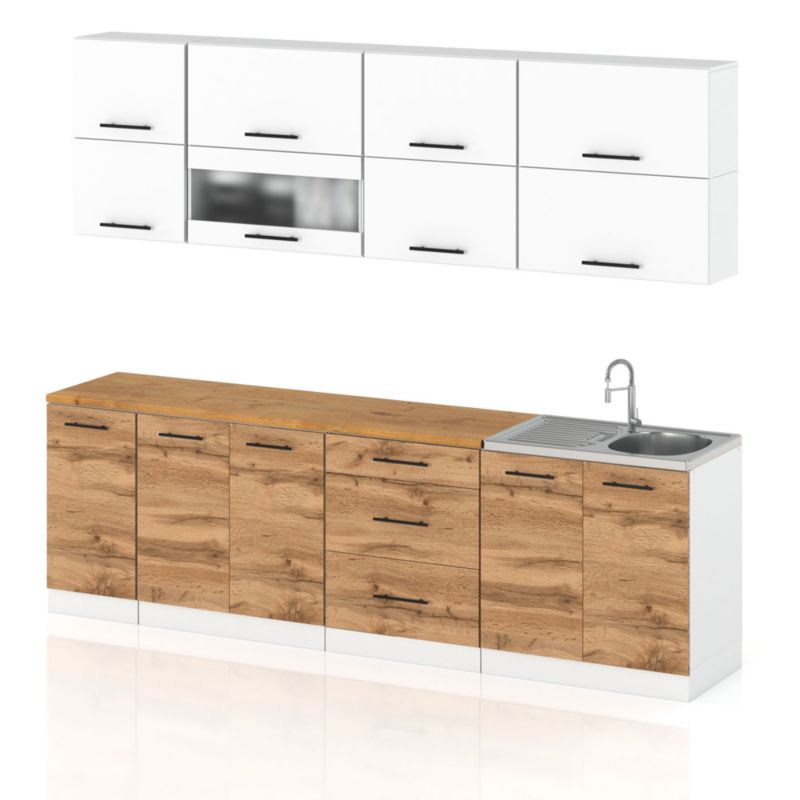 Zestaw Kuchenny Hurtownia-Mebli Z Blatem Kuchnia Robo Lux 260cm Biały Mat Biały Mat/Dąb Wotan 260x52x157 cm 1szt.