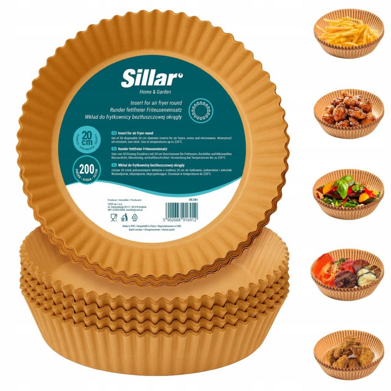 Papier do pieczenia, Sillar, do Air Fryer, frytkownicy, piekarnika, wkłady, nieprzywierający, 20x20cm, okrągły, 200szt