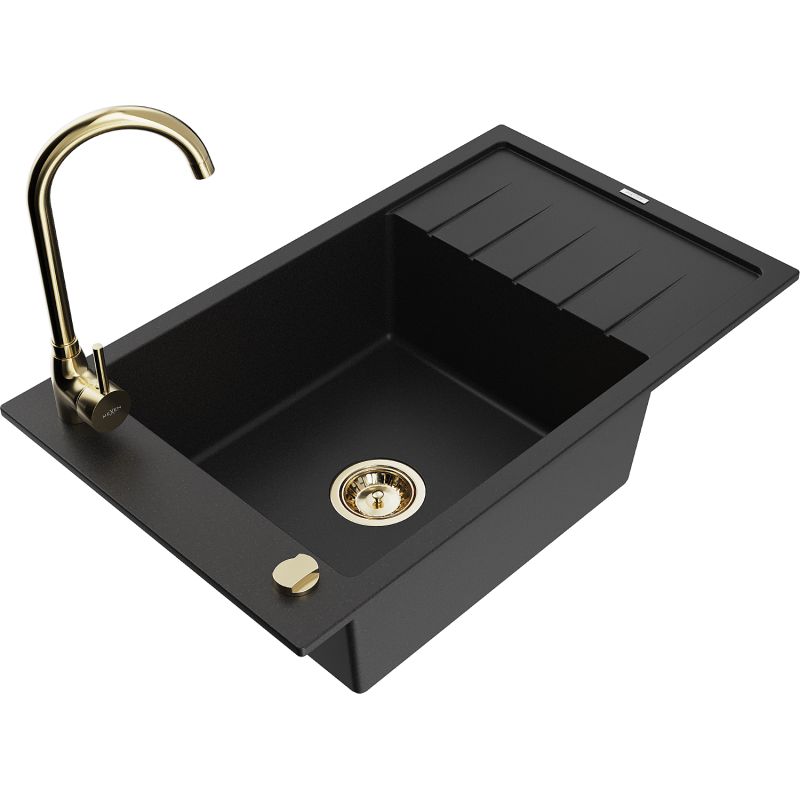 Zlewozmywak granitowy 1-komorowy Mexen Elias z ociekaczem i baterią kuchenną Telma czarny 6511-77-670200-50