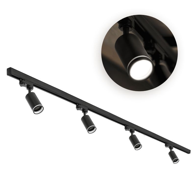 Zestaw Szynowy 3-fazowy Kobi 4x Lampa na GU10 + 2x Szyna 1m + Łącznik I czarny 1kpl.