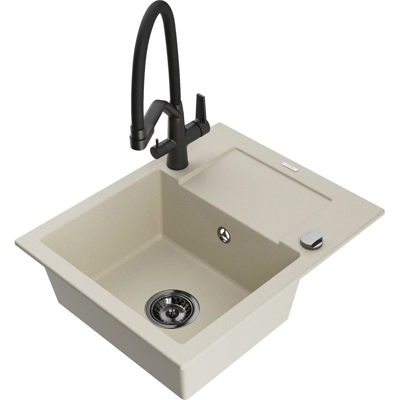 Zlewozmywak granitowy 1-komorowy Mexen Enzo z ociekaczem i baterią kuchenną Duo beżowy - 6506-69-671701-07 1 szt.