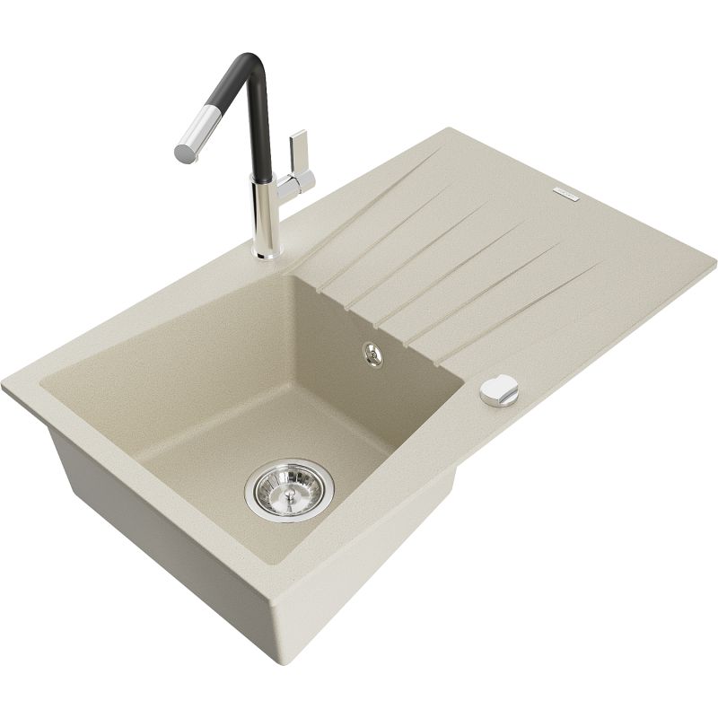 Zlewozmywak granitowy 1-komorowy Mexen Cesar z ociekaczem i baterią kuchenną Flora beżowy 6514-69-670401-07