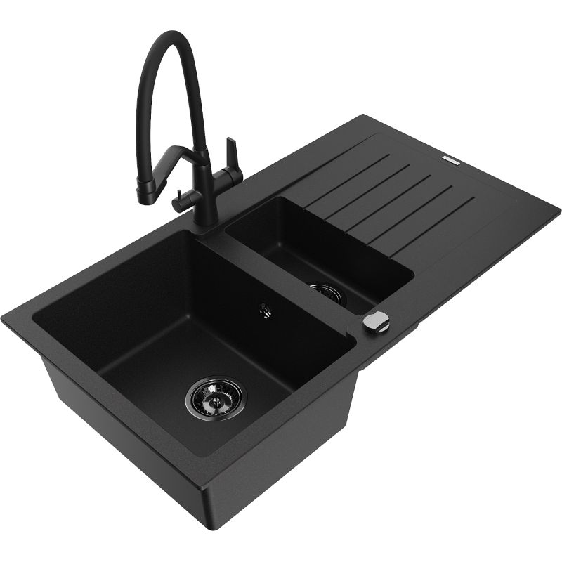 Zlewozmywak granitowy 1.5-komorowy Mexen Matias z ociekaczem i baterią kuchenną Duo czarny/srebrny - 6502-73-671701-70-B 1 szt.
