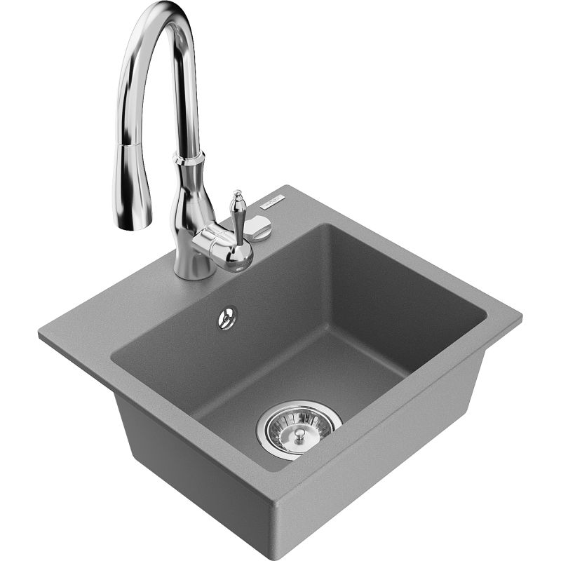 Zlewozmywak granitowy 1-komorowy Mexen Milo z baterią kuchenną Savita szary - 6505-71-672601-71 1 szt.