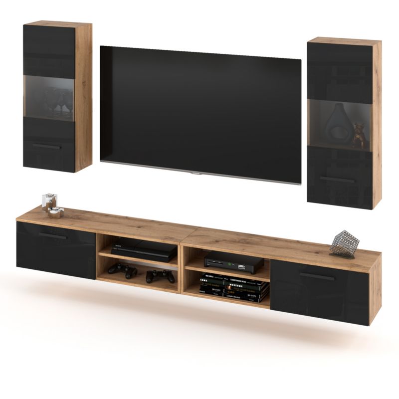 Meblościanka Hurtownia-Mebli 4 Drzwi Bandle 240cm Dąb Wotan Czarny Połysk 240x40x135 cm 1szt.