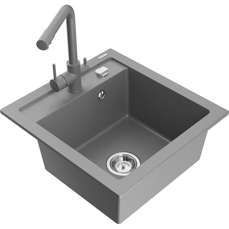 Zlewozmywak granitowy 1-komorowy Mexen Vito z baterią kuchenną Duero szary 6503-71-671600-71