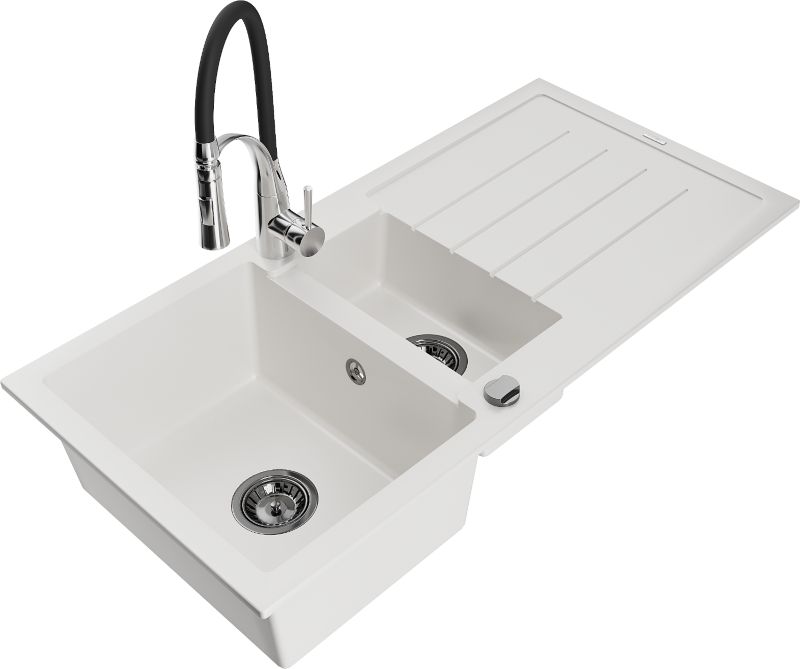 Zlewozmywak granitowy Mexen Andres 1,5-komorowy z ociekaczem i baterią kuchenną Aster biały 6515-20-73450-07-B