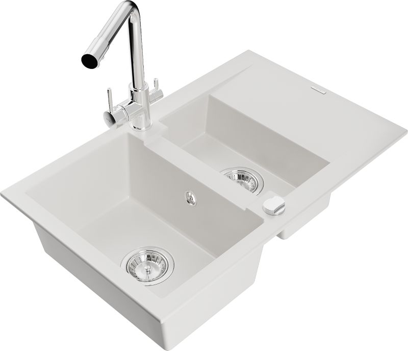 Zlewozmywak granitowy Mexen Gaspar 1,5-komorowy z ociekaczem i baterią kuchenną Duero biały 6507-20-671600-00