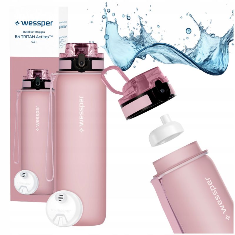 Butelka na wodę, Wessper, filtrująca, tritanowa, bidon, z filtrem wody, bez BPA, 500ml, B4 TRITAN Actitex, różowa, 2szt
