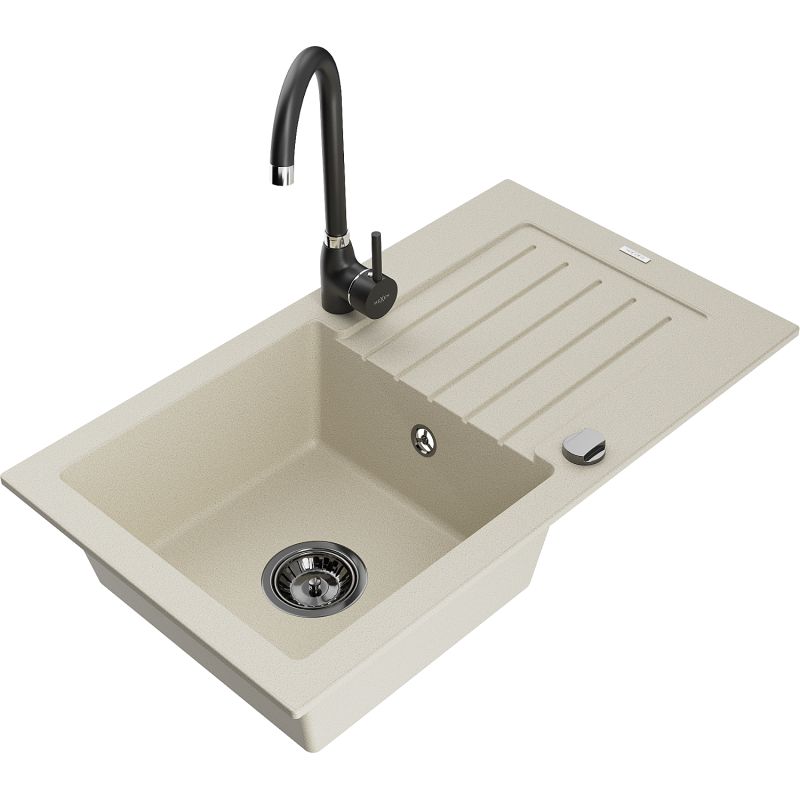 Zlewozmywak granitowy 1-komorowy Mexen Pablo z ociekaczem i baterią kuchenną Telma beżowy 6510-69-670200-70