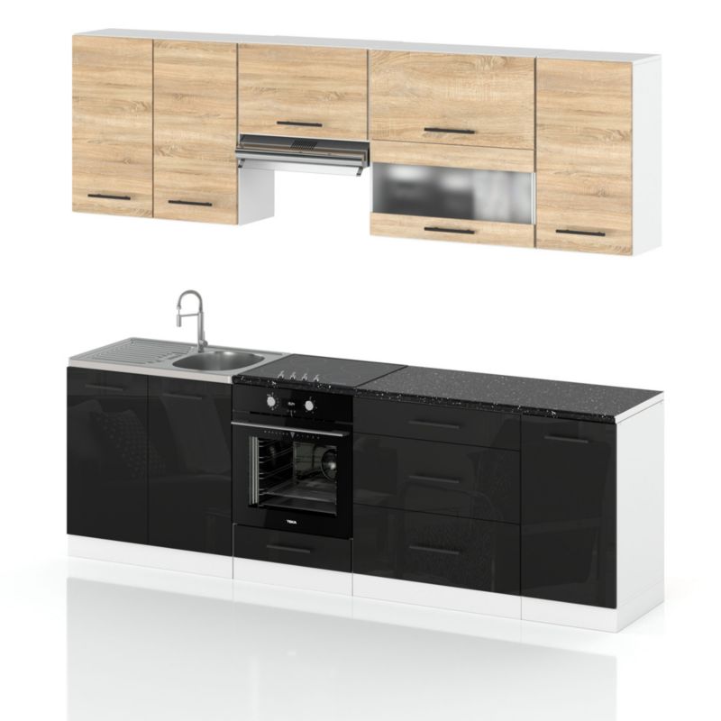 Zestaw Kuchenny Hurtownia-Mebli Z Blatem Kuchnia Marocco 260cm Biały Mat Dąb Sonoma/Czarny Połysk 260x52x157 cm 1szt.