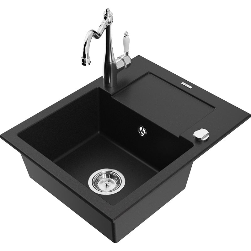 Zlewozmywak granitowy 1-komorowy Mexen Enzo z ociekaczem i baterią kuchenną Carla czarny nakrapiany - 6506-76-670700-76 1 szt.