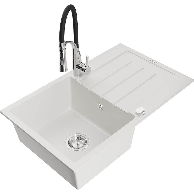 Zlewozmywak granitowy 1-komorowy Mexen Bruno z ociekaczem i baterią kuchenną Aster biały 6513-20-73450-07