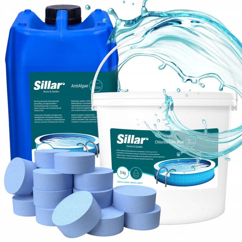 Chlor do basenu, Sillar, w tabletkach 20g, 5kg, niebieskie + antyglon, środek na glony, 5l, zestaw chemii basenowej, 2szt