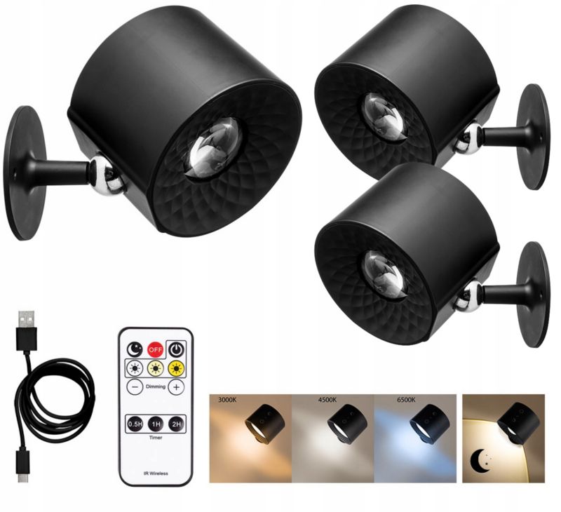 Lampa wewnętrzna x3 NEO TOOLS 360 stopni USB LED ścienna kinkiet 3 barwy 3 moce + tryb noc 1 kpl