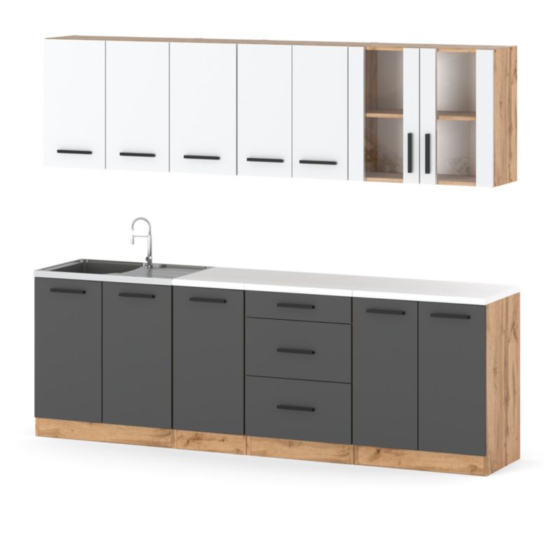 Zestaw Kuchenny Hurtownia-Mebli Z Blatem Kuchnia Remino 260cm Dąb Wotan Biały Mat/Szary Mat 260x47x145 cm 1szt.