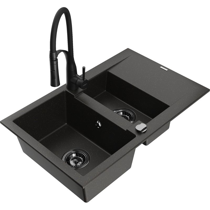 Zlewozmywak granitowy 1.5-komorowy Mexen Gaspar z ociekaczem i baterią kuchenną Aster szary - 6507-71-73450-70-B 1 szt.