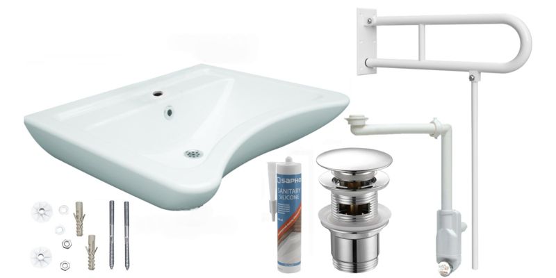Umywalka Viba dla osób niepełnosprawnych, poręcz składana z nogą biała 600mm, syfon, korek, sylikon, śruby 1szt