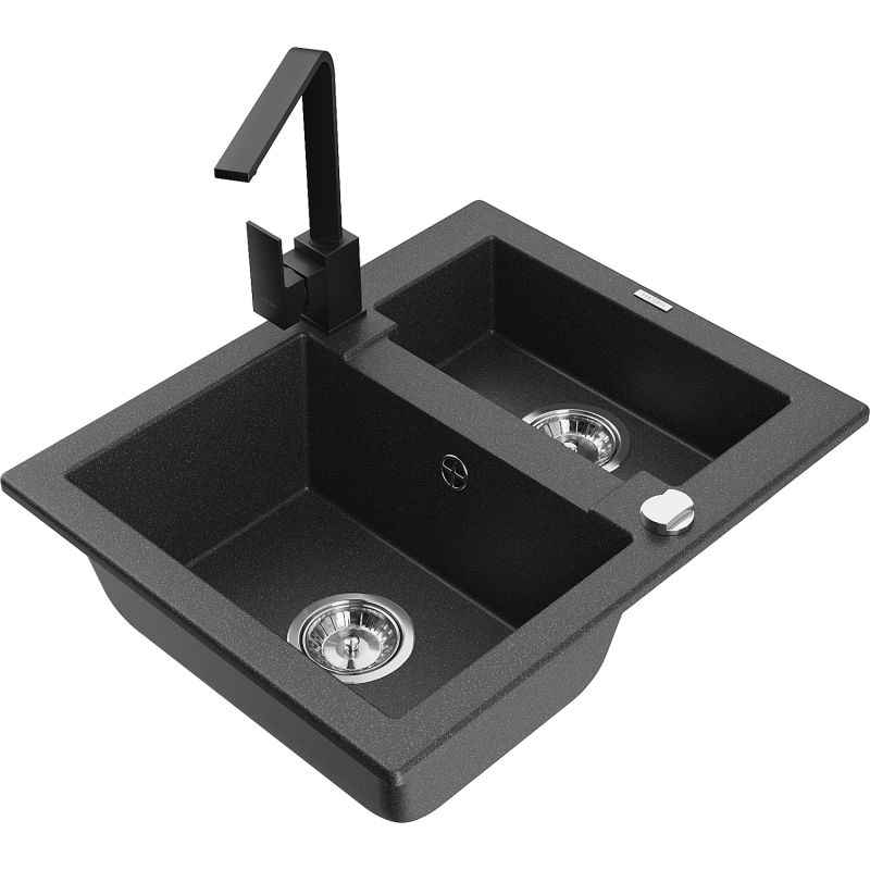 Zlewozmywak granitowy 1.5-komorowy Mexen Carlos z baterią kuchenną Rita czarny nakrapiany - 6518-76-670300-70-B 1 szt.