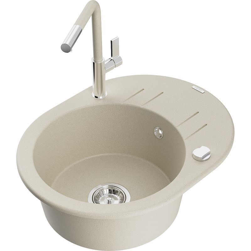 Zlewozmywak granitowy 1-komorowy Mexen Kevin z ociekaczem i baterią kuchenną Flora beżowy 6517-69-670401-09