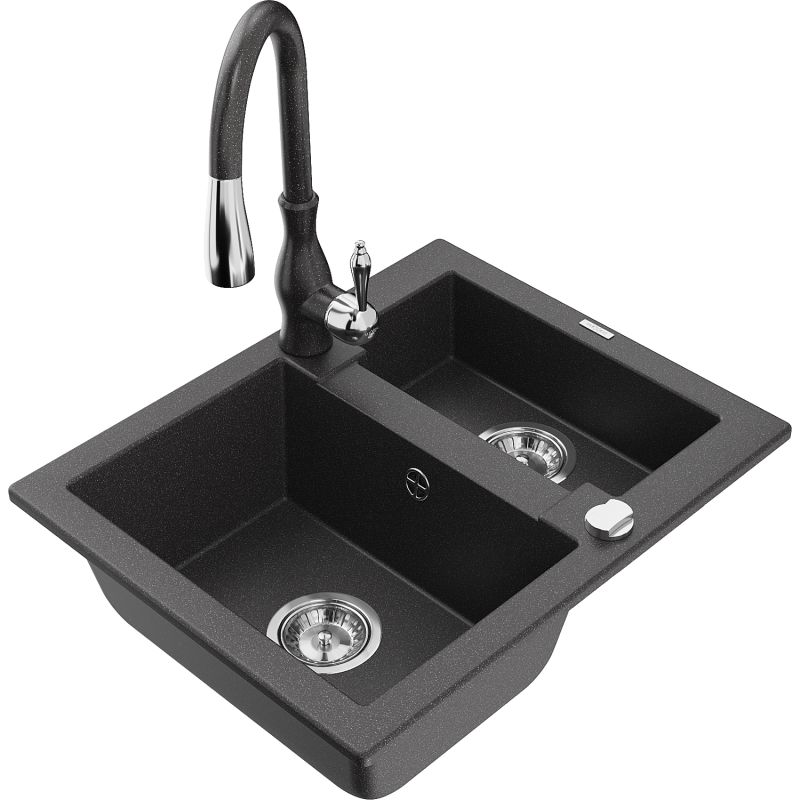 Zlewozmywak granitowy 1.5-komorowy Mexen Carlos z baterią kuchenną Savita czarny/srebrny metalik - 6518-73-672601-00 1 szt.