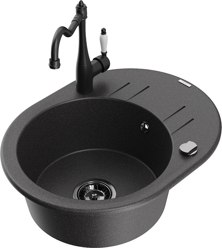 Zlewozmywak granitowy Mexen Kevin 1-komorowy z ociekaczem i baterią kuchenną Carla czarny 6517-76-670700-70-B