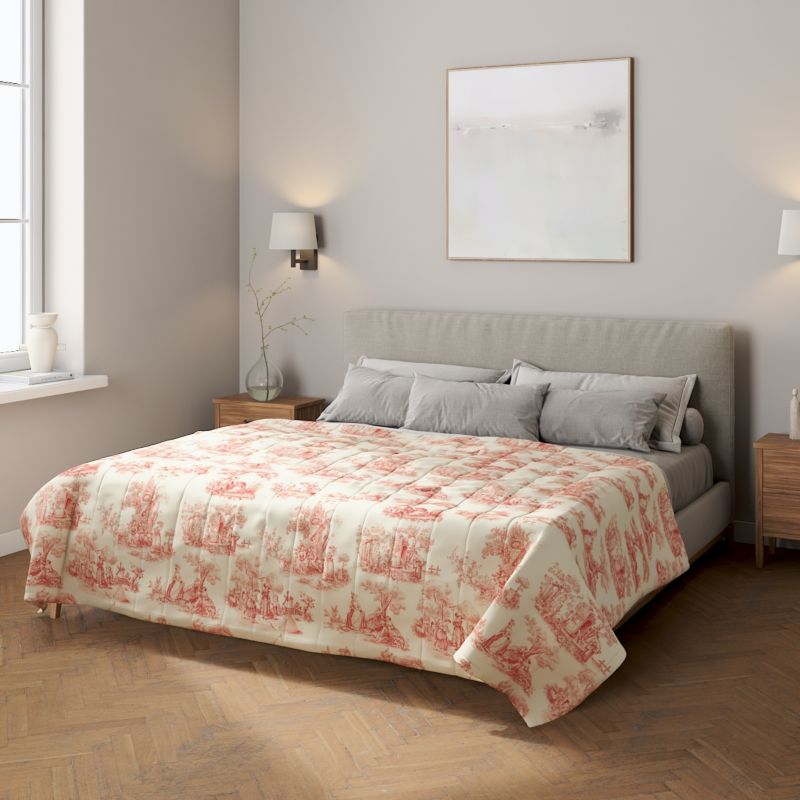 Narzuta pikowana w pasy Dekoria 200 x 210 cm scenki rodzajowe w kolorze czerwonym na tle ecru 1 szt.