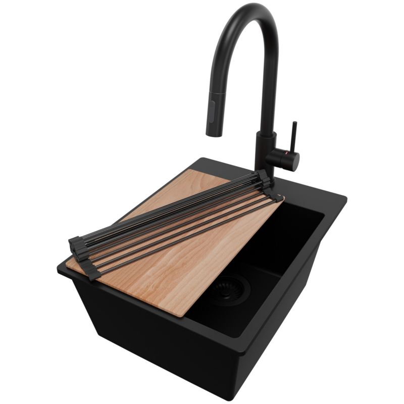 Zlewozmywak Granitowy Ryga PRIMAGRAN Nablatowy 38x50cm do szafki od 40cm z Syfonem i Baterią i Dodatkiem Cały Czarny 1 szt.