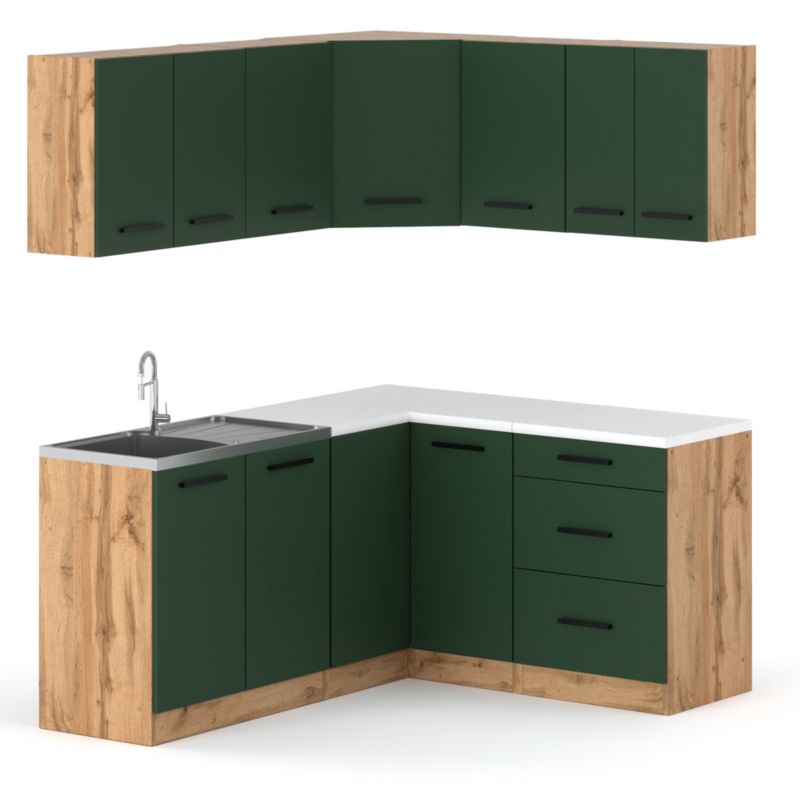Zestaw Kuchenny Hurtownia-Mebli Z Blatem Kuchnia narożna Diana 320cm Dąb Wotan Butelkowa Zieleń 320x47x145 cm 1szt.