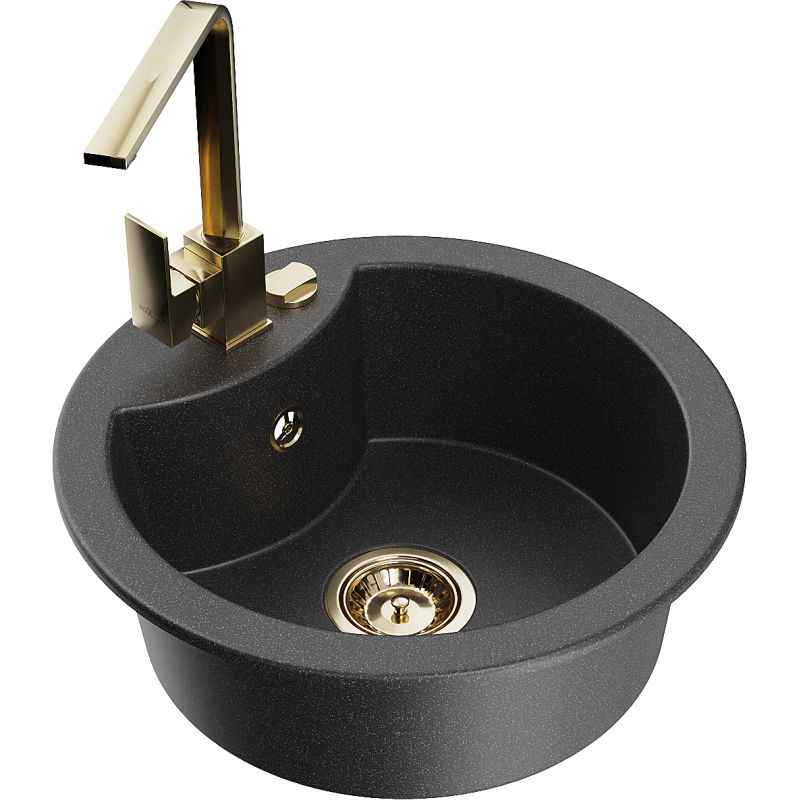 Zlewozmywak granitowy 1-komorowy Mexen Diego z baterią kuchenną Rita czarny nakrapiany - 6512-76-670300-70-B 1 szt.