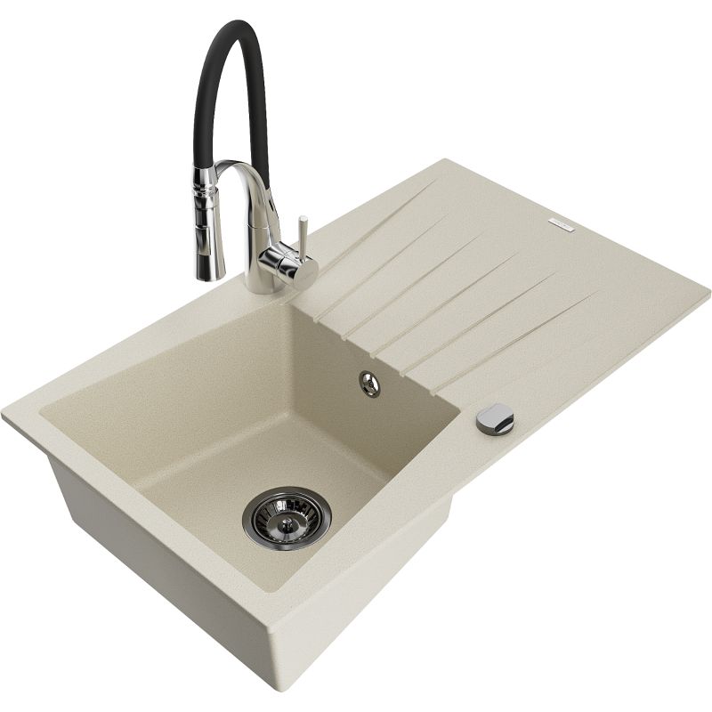 Zlewozmywak granitowy 1-komorowy Mexen Cesar z ociekaczem i baterią kuchenną Aster beżowy 6514-69-73450-07-B