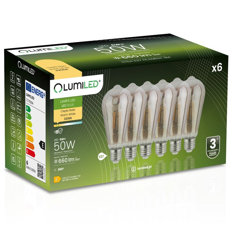 Żarówka LED LUMILED E27 ST64 6W 660lm 2200K 360st DYMIONA FILAMENT 6 szt.